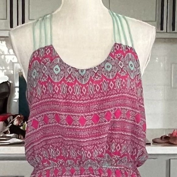 Umgee Hi Low Dress Pink Green Print Sleeveless Caged Back Size Large - Picture 3 of 8